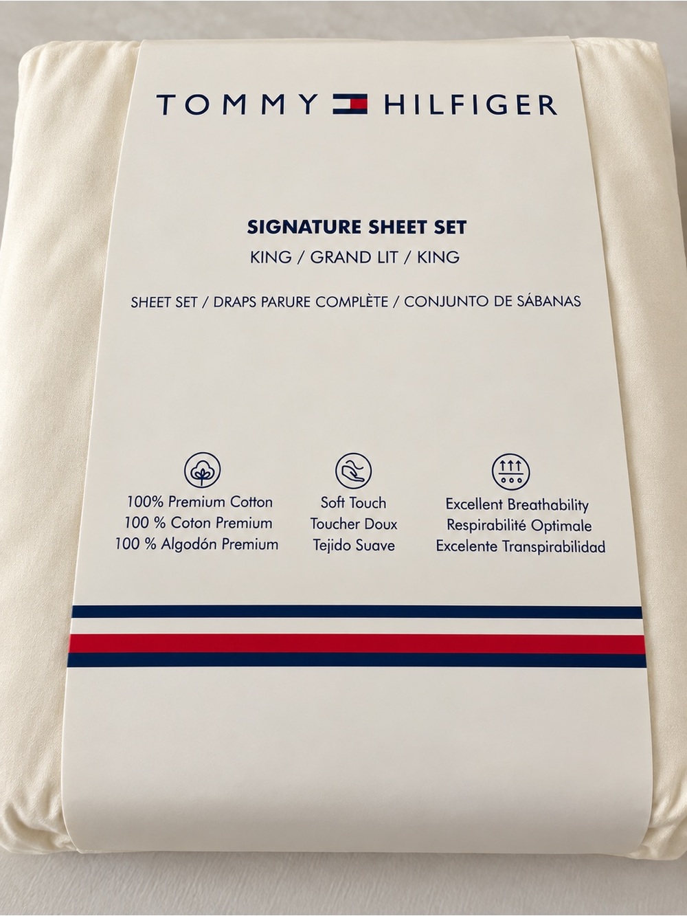 Tommy Hilfiger King Sheet Set — Cream with Signature Stripe Accent